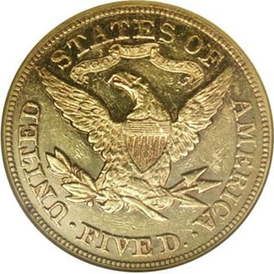 Obverse of US 1877 Half Eagle $5 Value