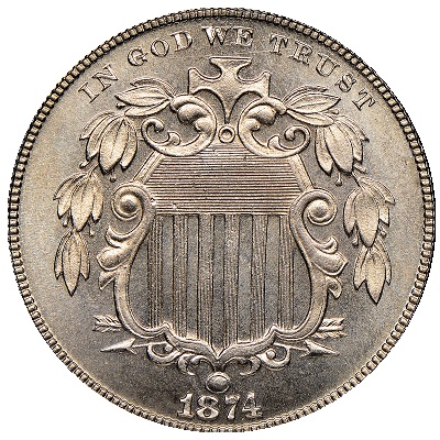 1874 US nickel, five-cent coin